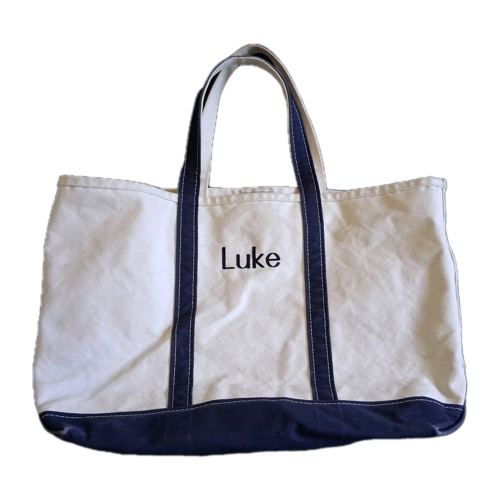L.L.Bean Boat and Tote Bag 22 X 13"  Embroidered Luke White Blue Handles Y2K USA